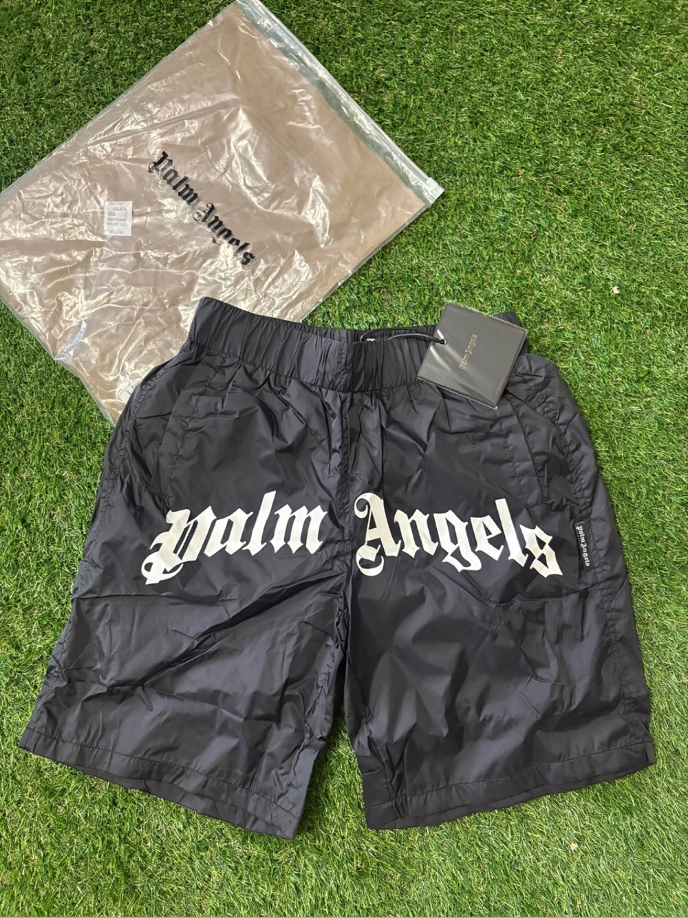Palm Angels Black Shorts with White Logo Trim